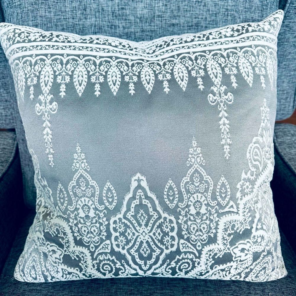 Gray White Silver Embroidered Throw Pillow